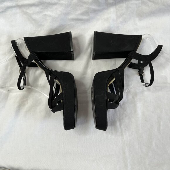 Y2k Vintage Splash Black Open-Toe Strappy Platform Block Heels - Picture 6 of 11